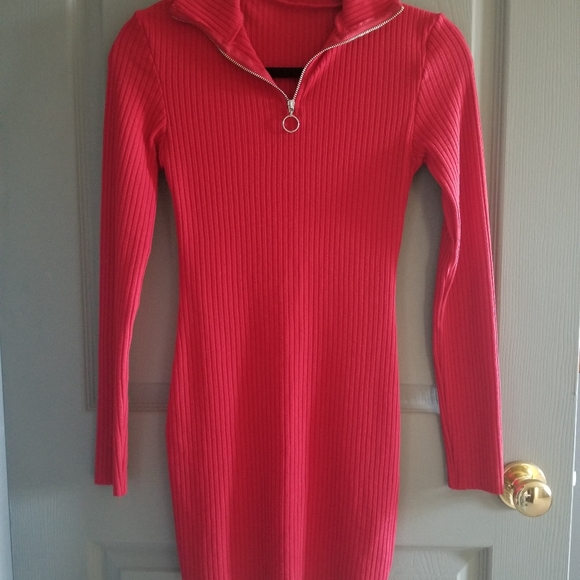 Red Ribbed Sweater Dress - Picture 4 of 4